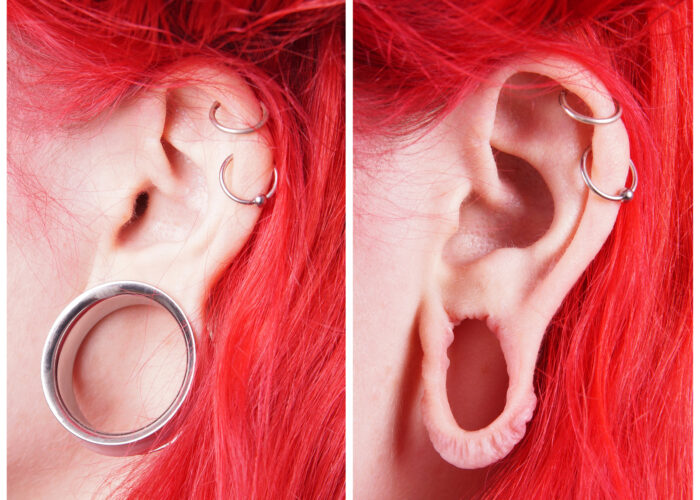 stretched ear lobe piercing with and without flesh tunnel